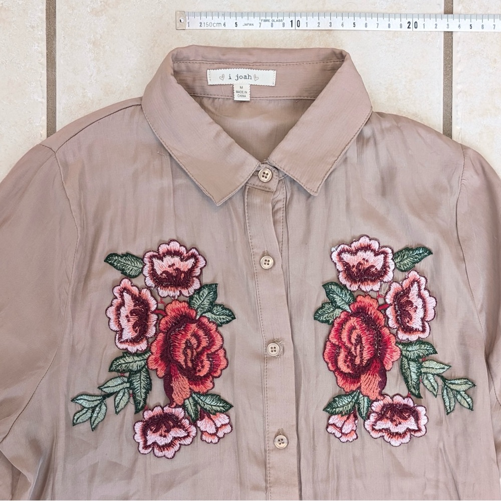 Size M I Joah Tan Embroidered Floral Rose Collared Shirt Dress Bohemian Western - Picture 4 of 16